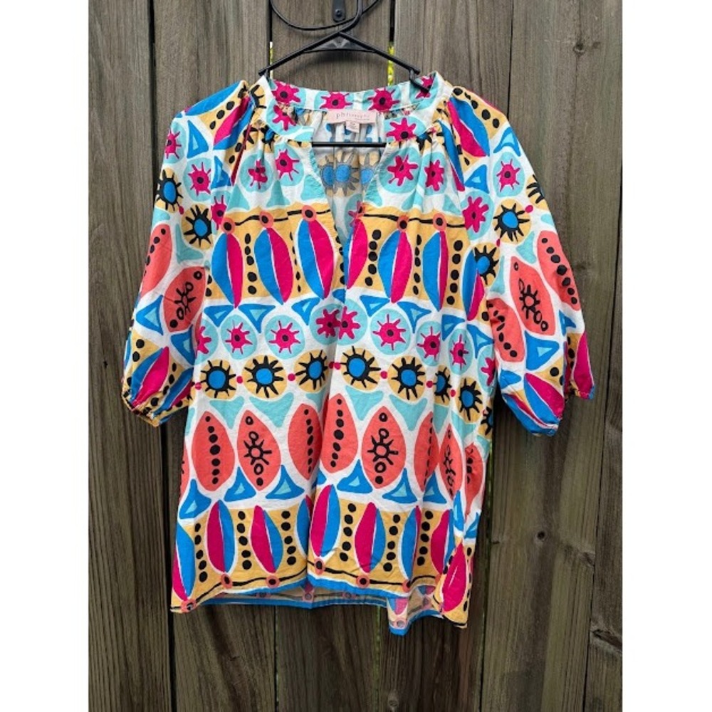 Boho Artistic Philosophy Blouse Women Medium Multi Color Abstract Sun Print Top